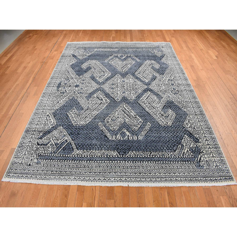 White Hand Knotted Tone on Tone Silk Small Repetitive Design Rug 9'x12'3"
