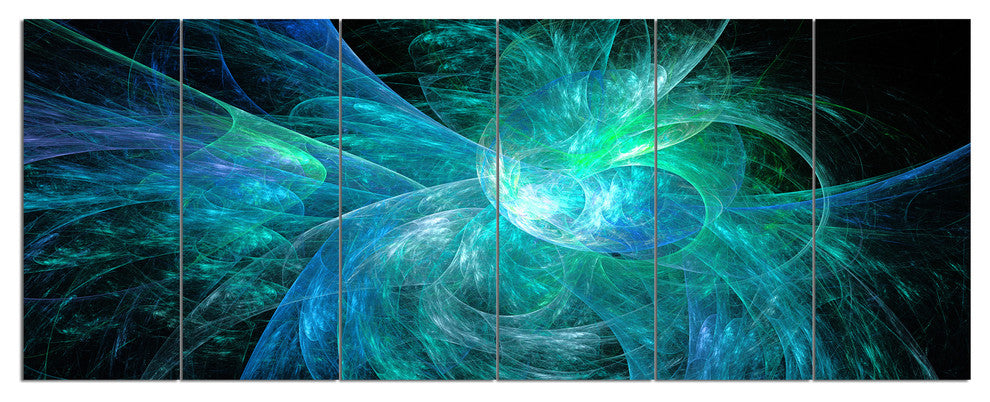 Blue on Black Fractal Illustration, Abstract Canvas Art Print, 70"x28", 6 Panels