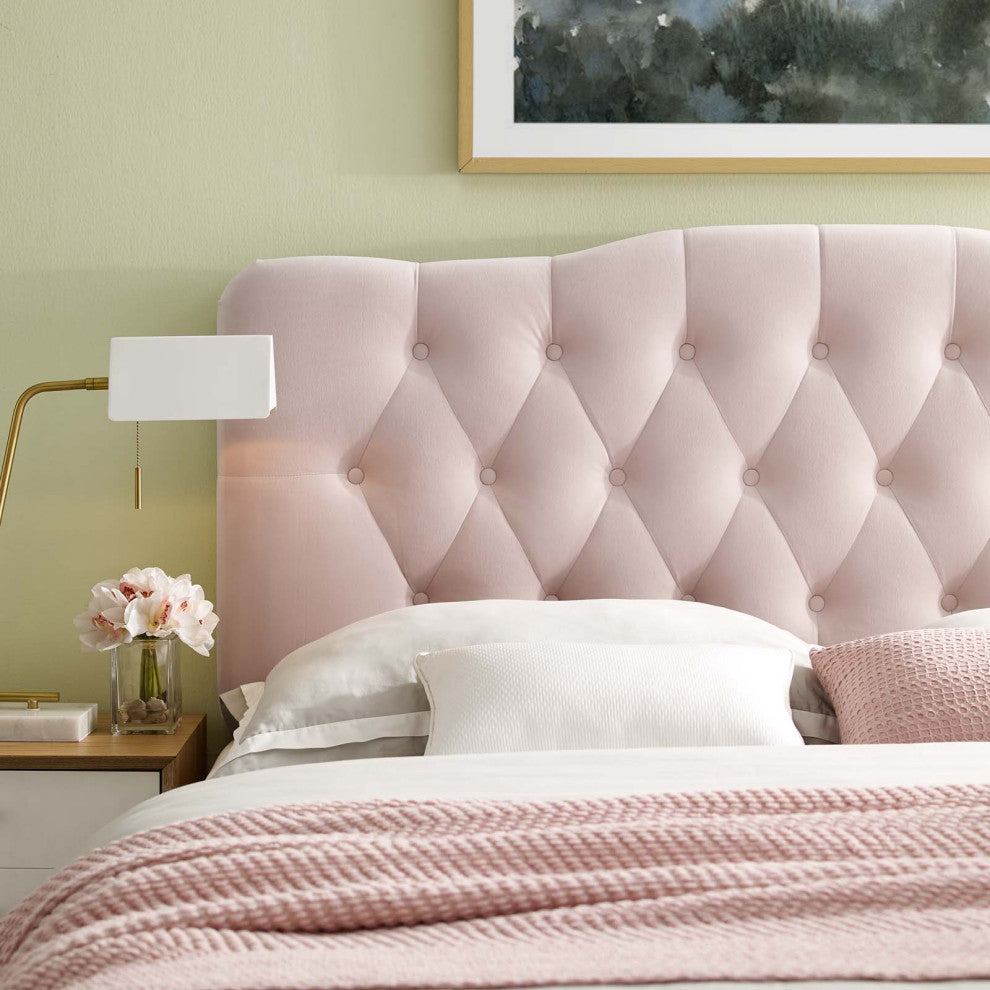 Contemporary Modern Bedroom Full Size Tufted Headboard, Velvet Fabric, Pink