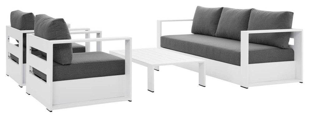 Sectional Sofa Table Set, White Gray, Aluminum, Modern, Outdoor Patio