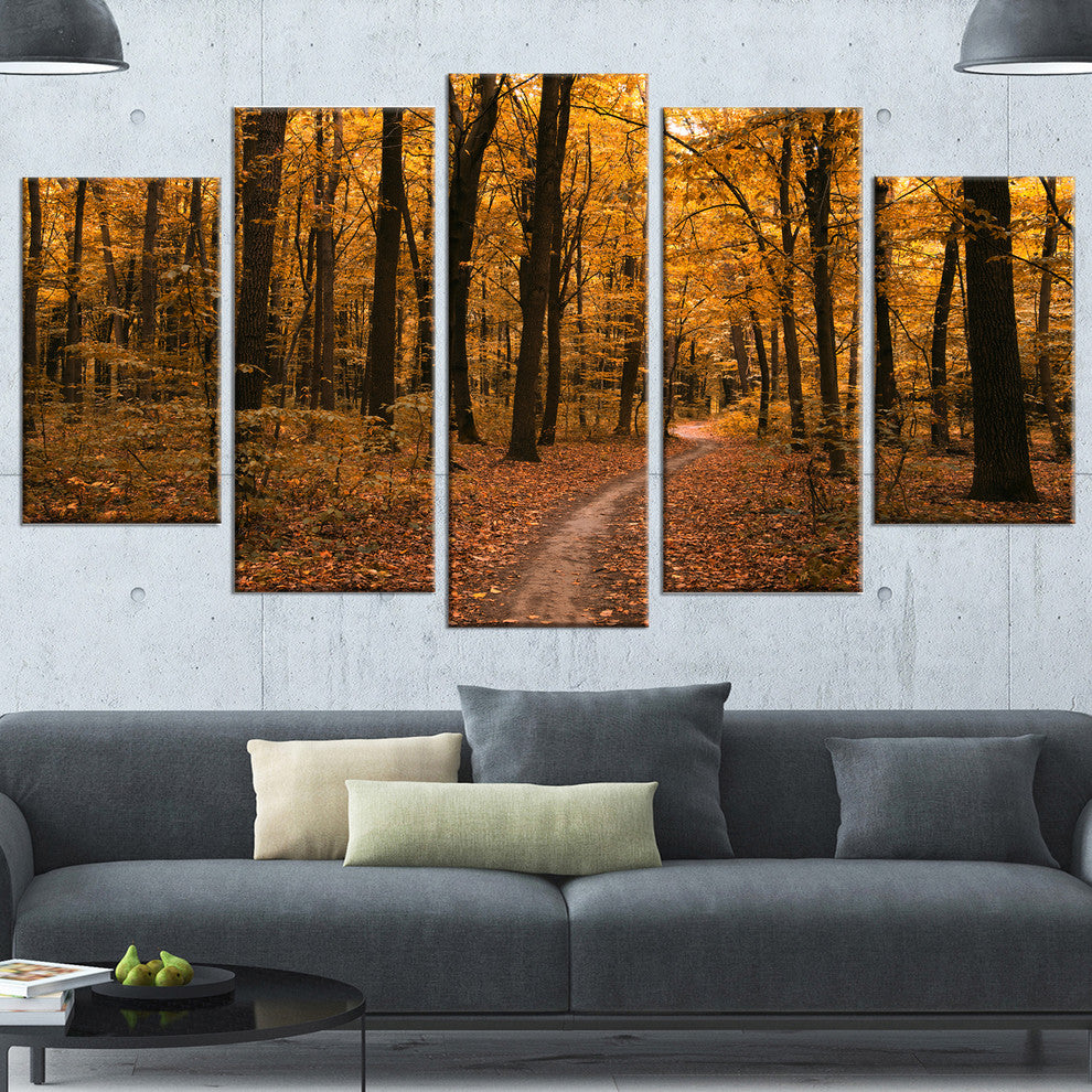 Path in the Yellow Fall Forest, Modern Forest Canvas Art, 60"x32", 5 Panels