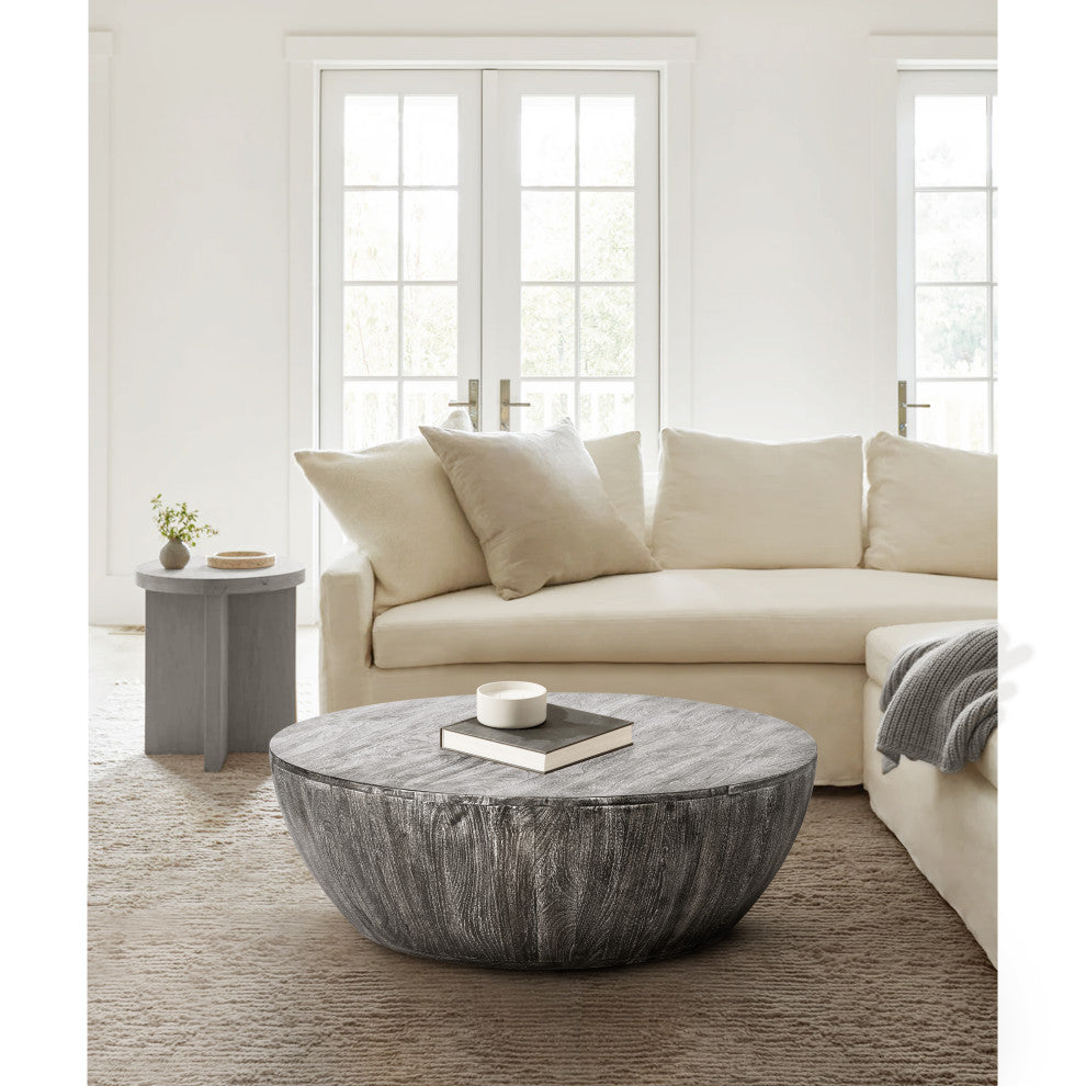 36" Coffee Table Mango Wood Round Drum Sandblasted Black Farmhouse Style