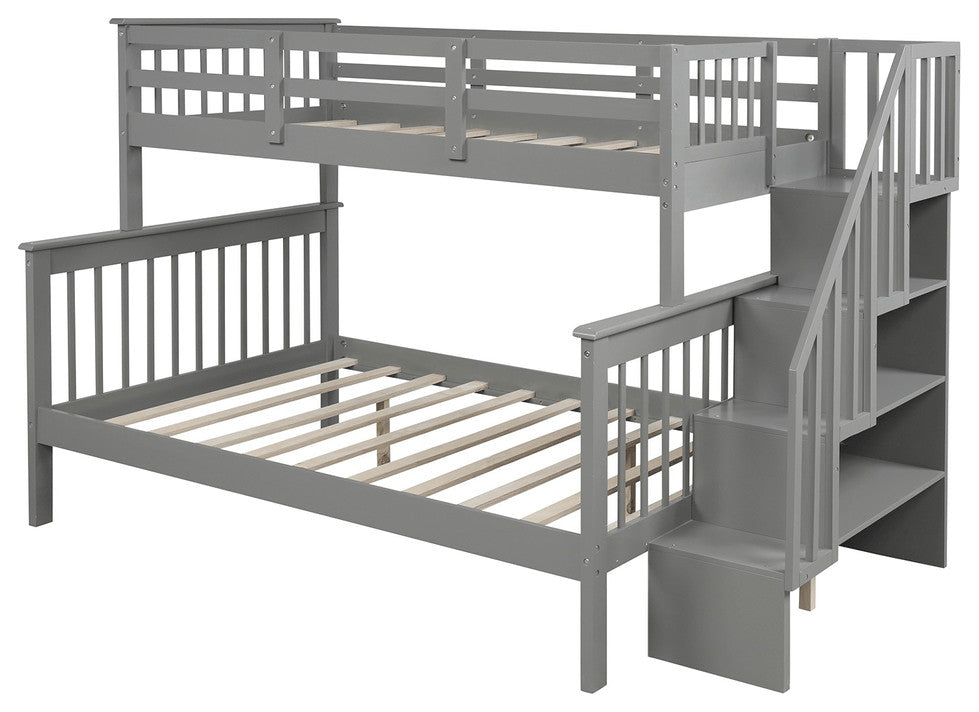 Gray Twin Over Full Contemporary Bunk Bed With Stairs And Shelves
