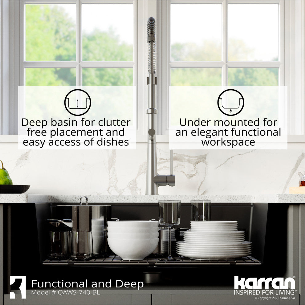 Karran 34" Quartz Farmhouse Single Bowl Workstation Kitchen Sink, Black