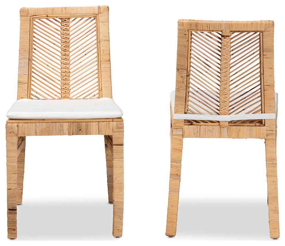 Suci Modern Bohemian Natural Brown Rattan 2-Piece Dining Chair Set