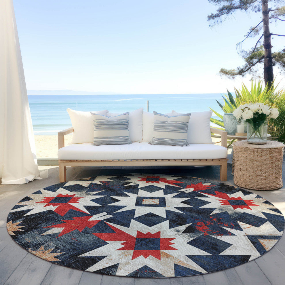 Machine Washable Indoor/Outdoor Chantille ACN1893 Navy 8' x 8' Round Rug