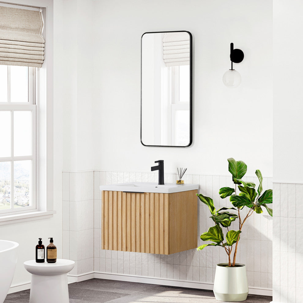Manila Floating Vanity with Ceramic Basin Top without Mirror, Washed Ash Grey, 24", Single Vanity