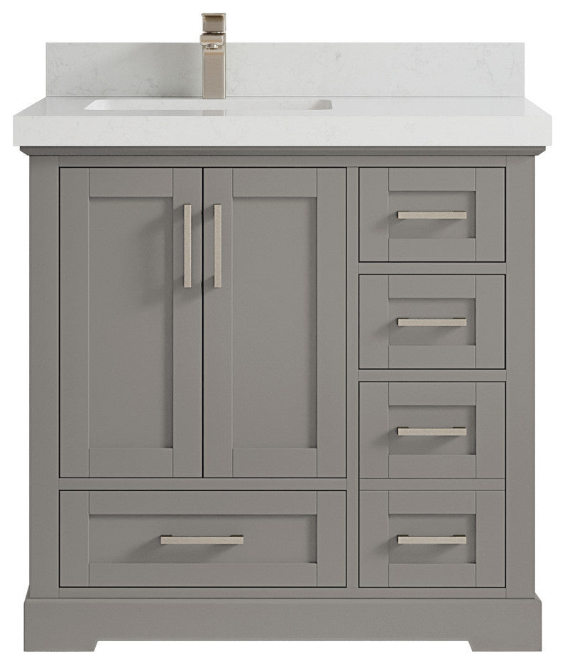 Boston 36 Left Offset Bath Vanity in Elephant Skin Gray 2" Carrara Quartz