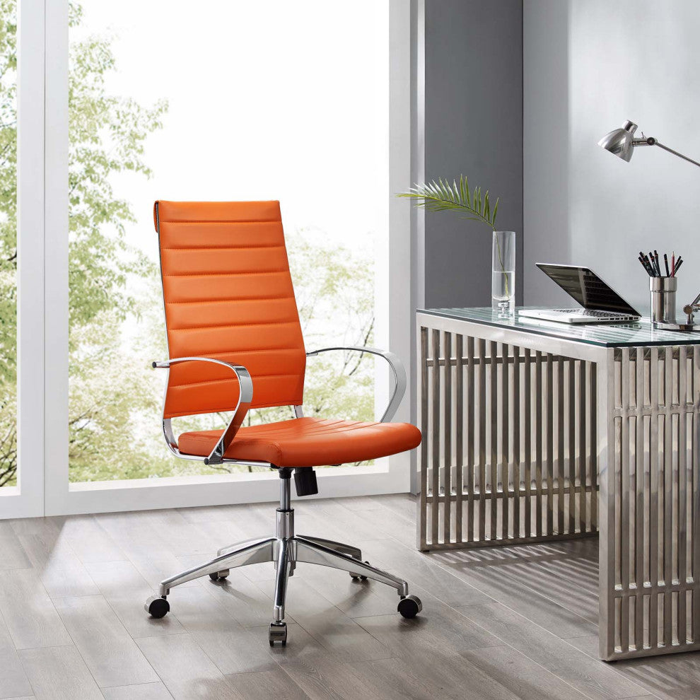 Computer Work Desk High Back Chair, Faux Leather, Orange, Home Business Office