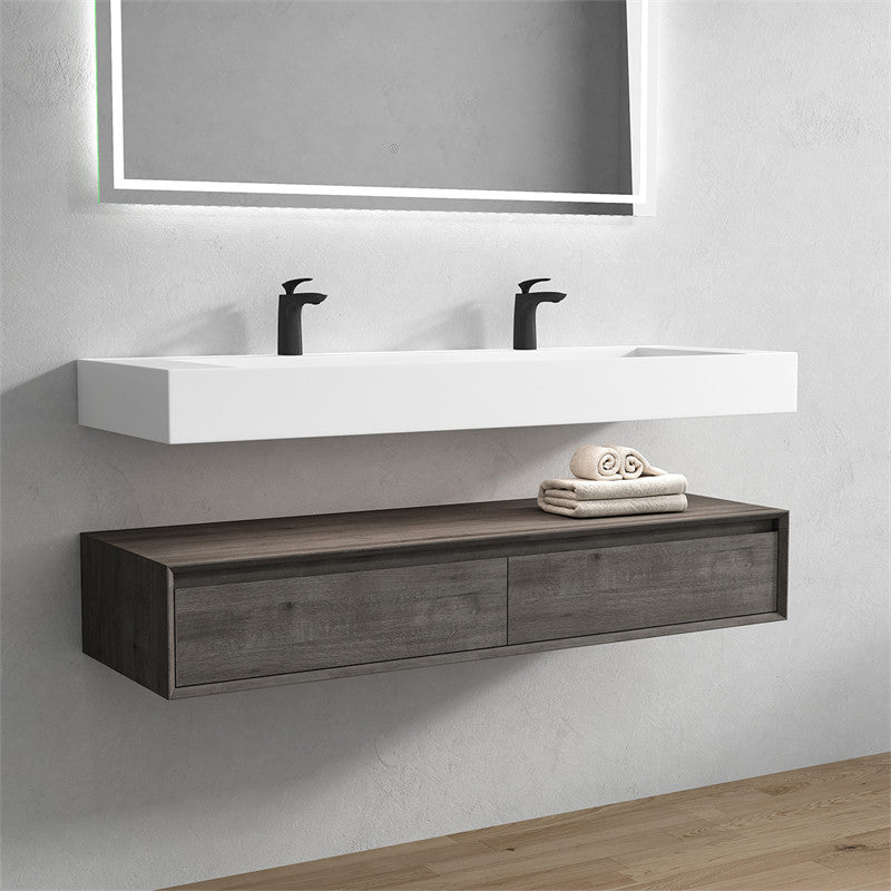 Alysa 60'' Floating Vanity, Acrylic Sink, Double Faucet Hole, Smoke Oak
