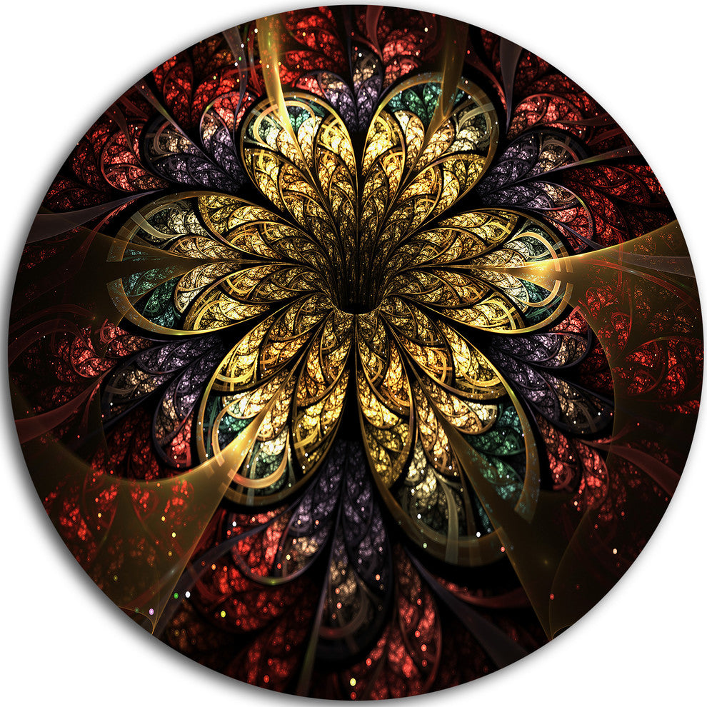 Fractal Flower Yellow Red Digital Art, Flower Disc Metal Artwork, 36"