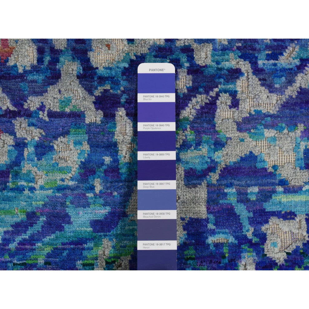Sapphire Blue, THE PEACOCK, Sari Silk, Hand Knotted, Oriental Rug, 5'1"x7'