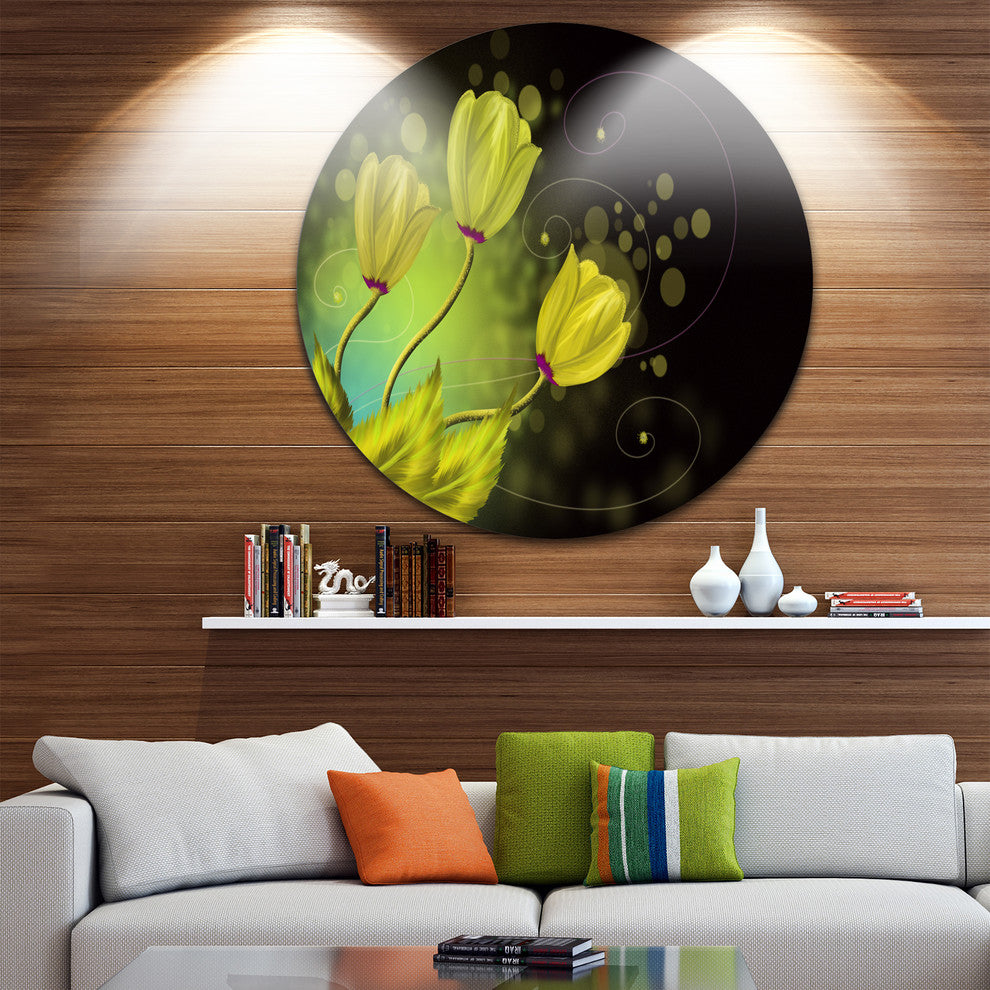 Golden Flowers Greeting Card, Floral Art Round Metal Wall Art, 36"