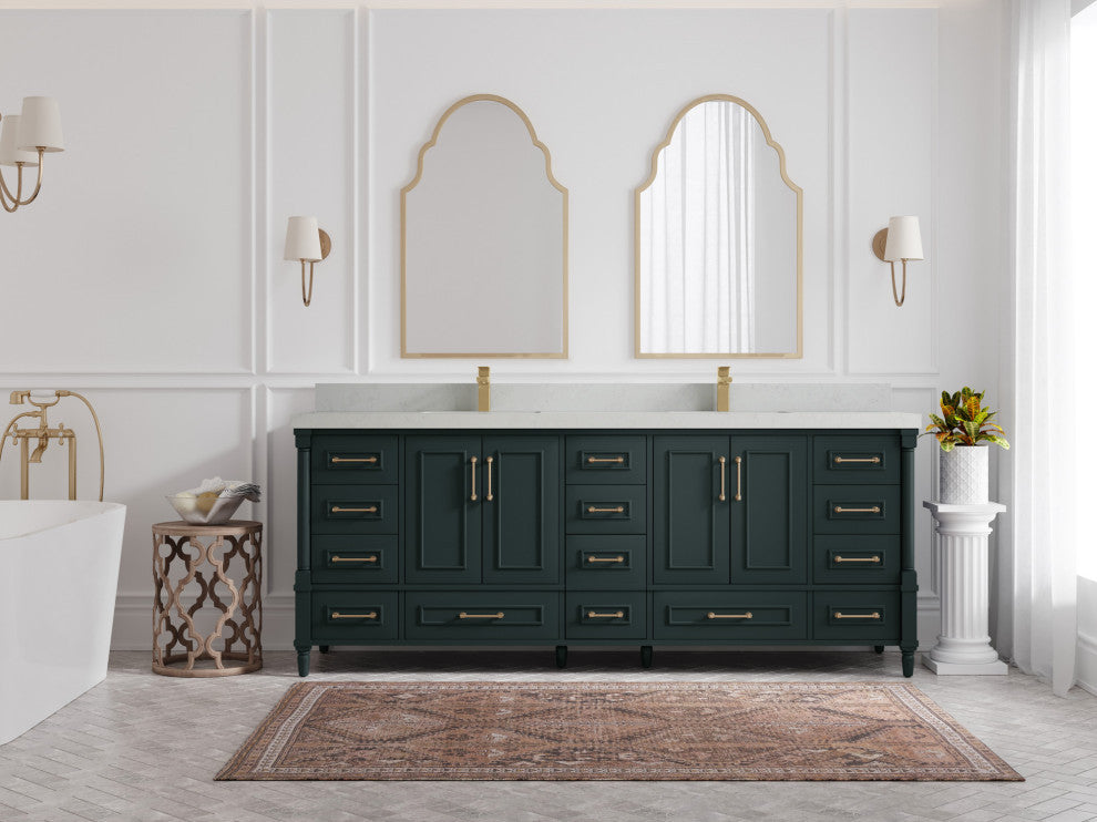 Aberdeen 84 Double Sink Bath Vanity Dark Forest Green 2" Carrara Quartz
