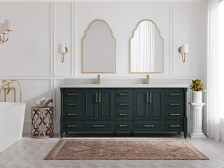 Aberdeen 84 Double Sink Bath Vanity Dark Forest Green 2" Carrara Quartz