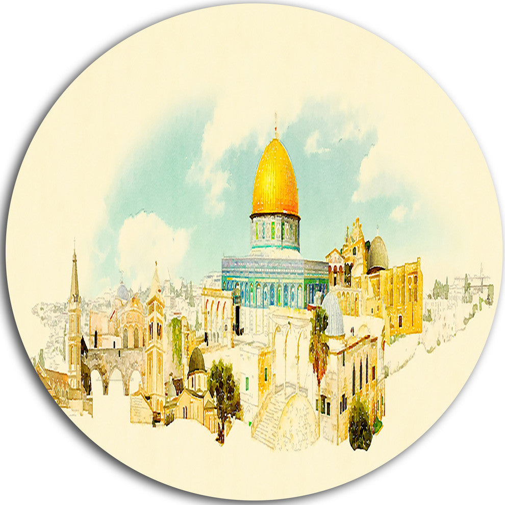 Jerusalem Panoramic View, Cityscape Watercolor Disc Metal Artwork, 11"