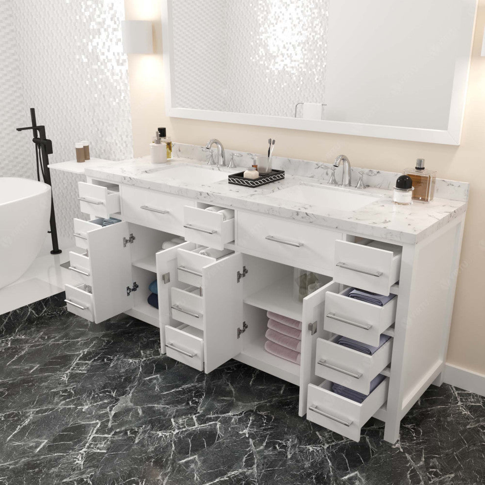 Caroline Parkway 72" Bath Vanity in White with Cultured Marble Quartz Top