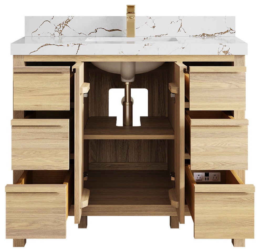 Elizabeth Oak 42" Single Sink Vanity, White 2" Viola Brown