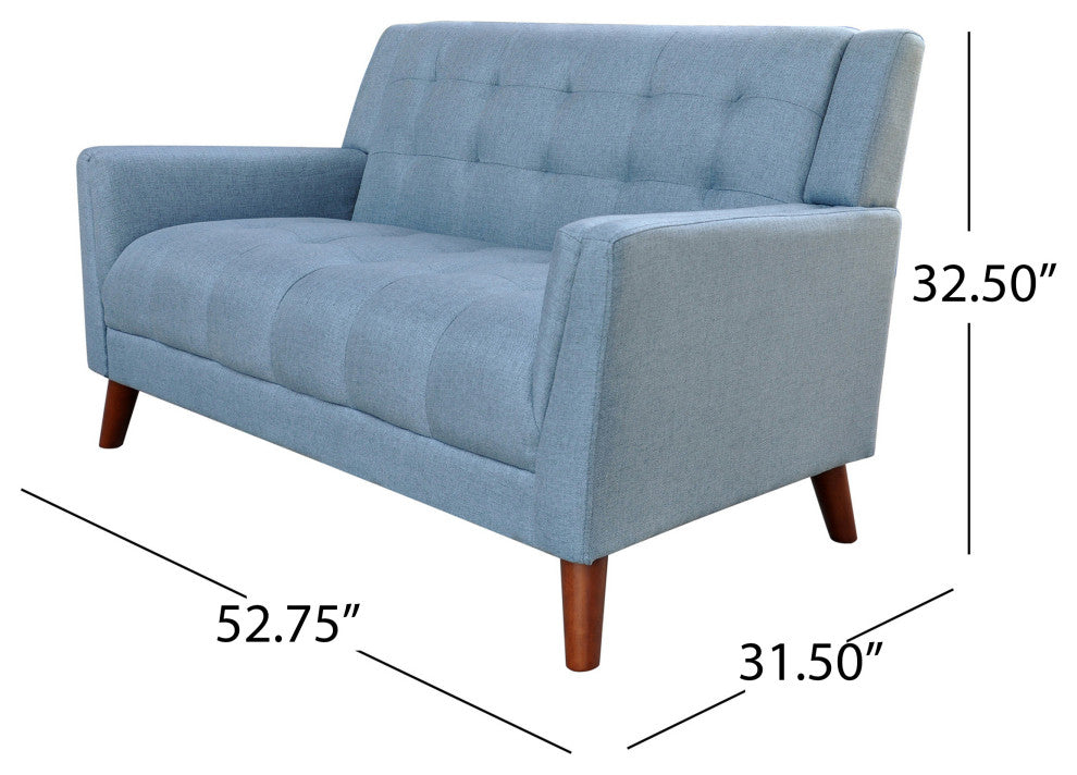 GDF Studio Evelyn Mid Century Modern Fabric Loveseat, Blue/Walnut