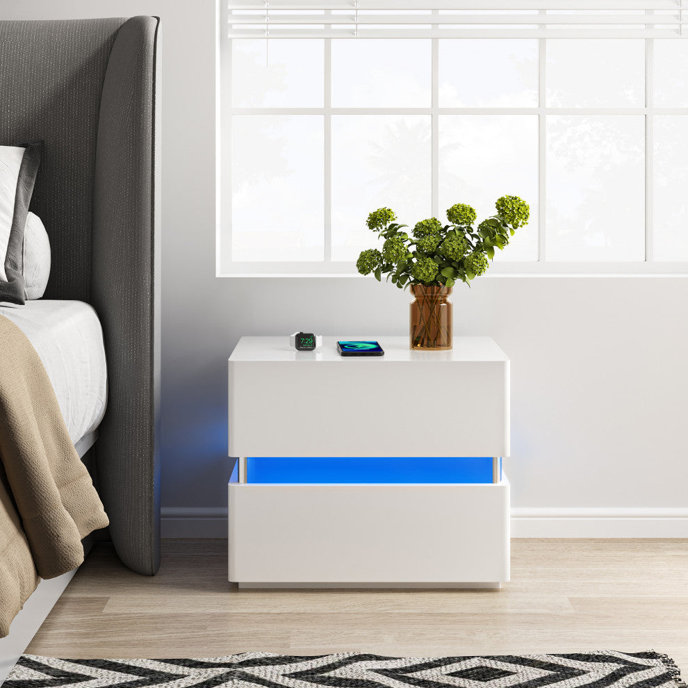 Modern Night Stand with Human Induction Atmosphere Lamp, White, No Wireless Charging