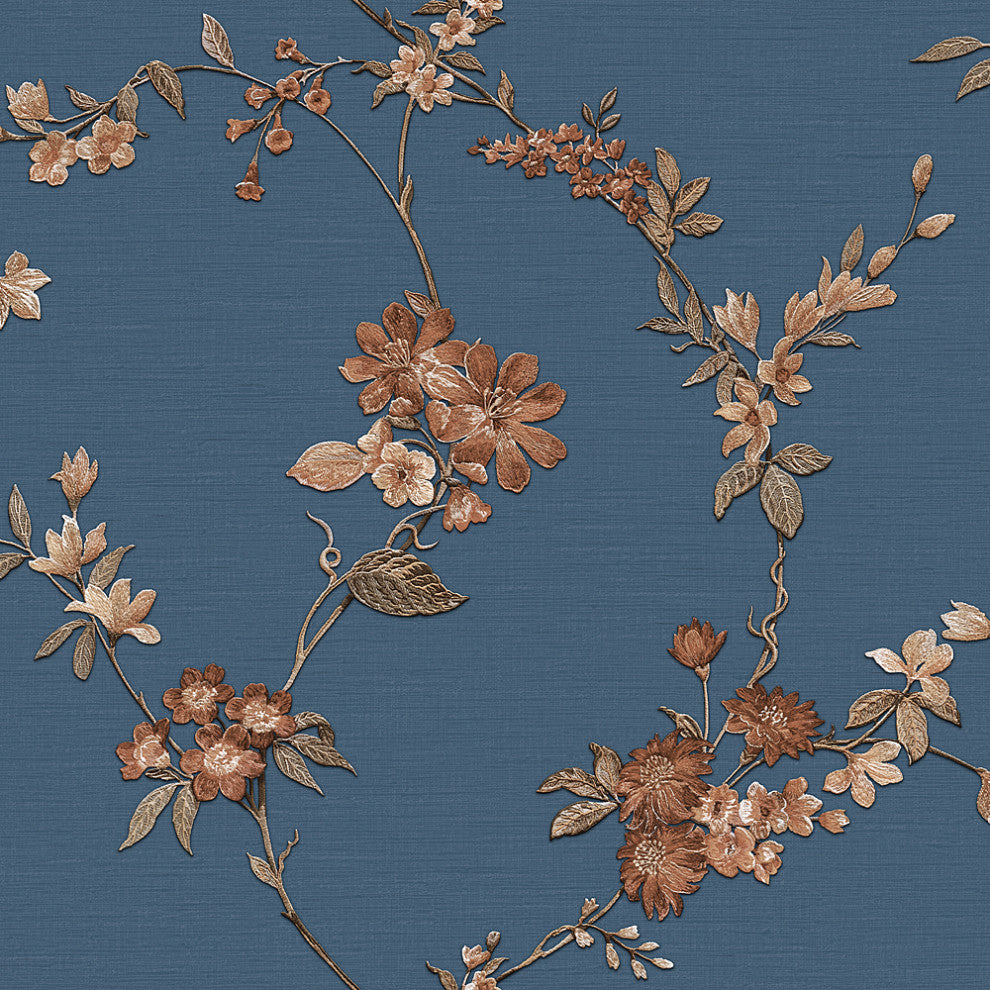 Geometric Textured Wallpaper With Petals, Brown Blue Copper, Sample