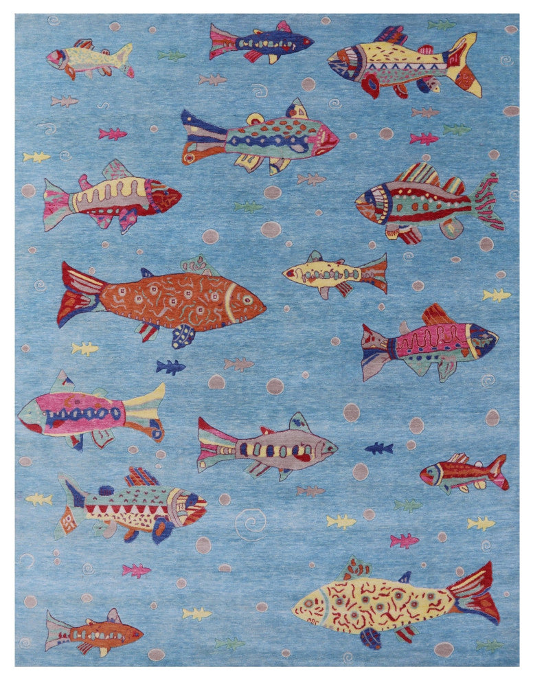 Gabbeh Fish Design Hand-Knotted Wool Rug 7' 11" X 10' 1" - Q13530