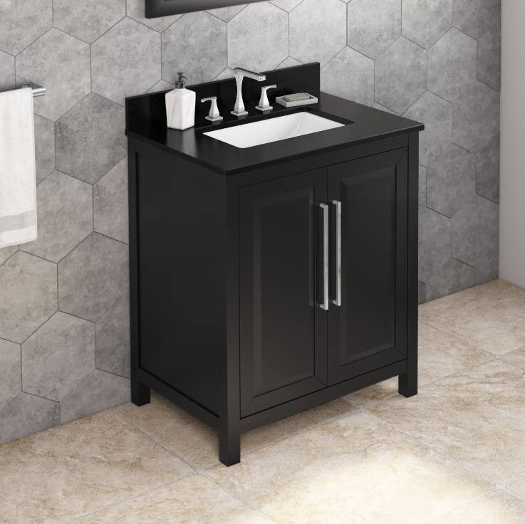 Cade Transitional 30" Black Bathroom Vanity, Black Granite Vanity Top