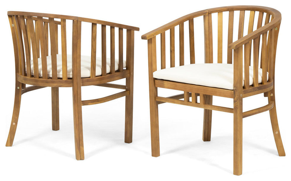 Nola Outdoor Wooden Dining Chairs With Cushions, Set of 2, Cream, Teak Finish