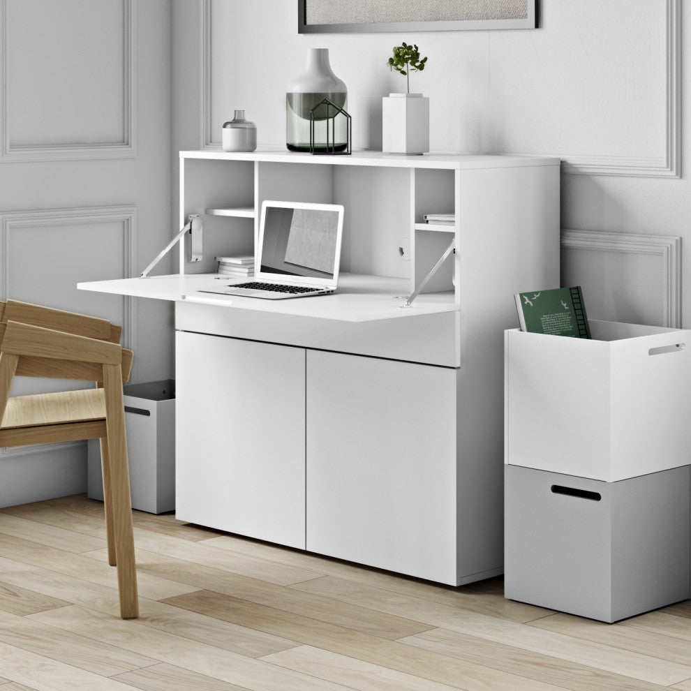 Modern Home Office Desk Work Station Hutch, White