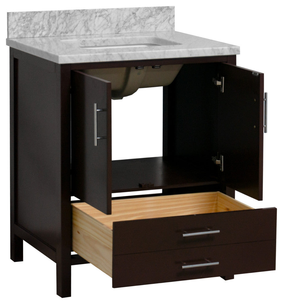 California 30" Bathroom Vanity, Chocolate, Carrara Marble