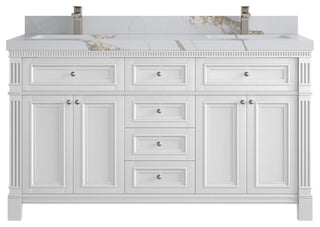Paris 60" Double Sink Bathroom Vanity, White 2" Calacatta Gold