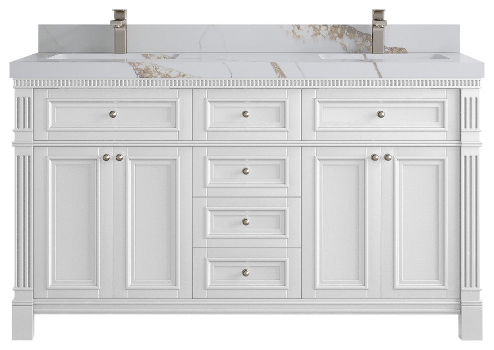 Paris 60" Double Sink Bathroom Vanity, White 2" Calacatta Gold