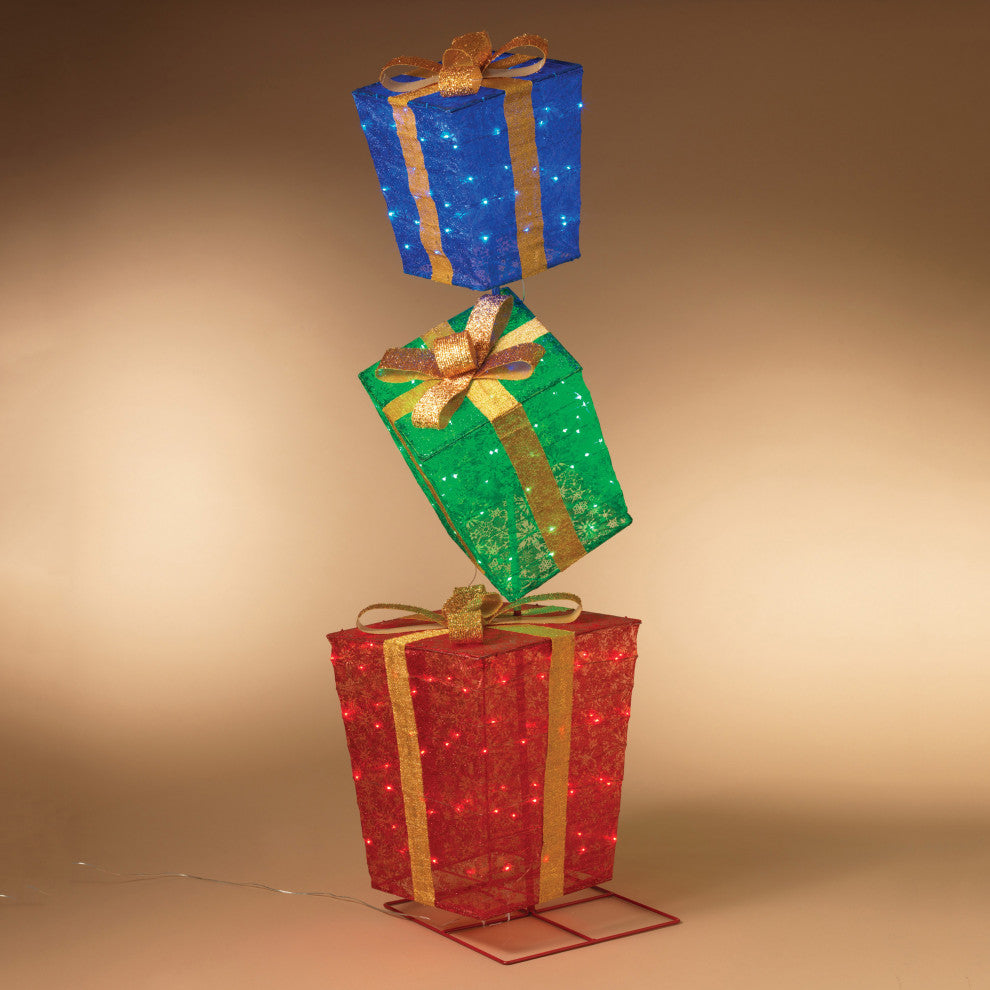 72" Tall Lighted Glittering Fabric Stacked Presents Outdoor Decor