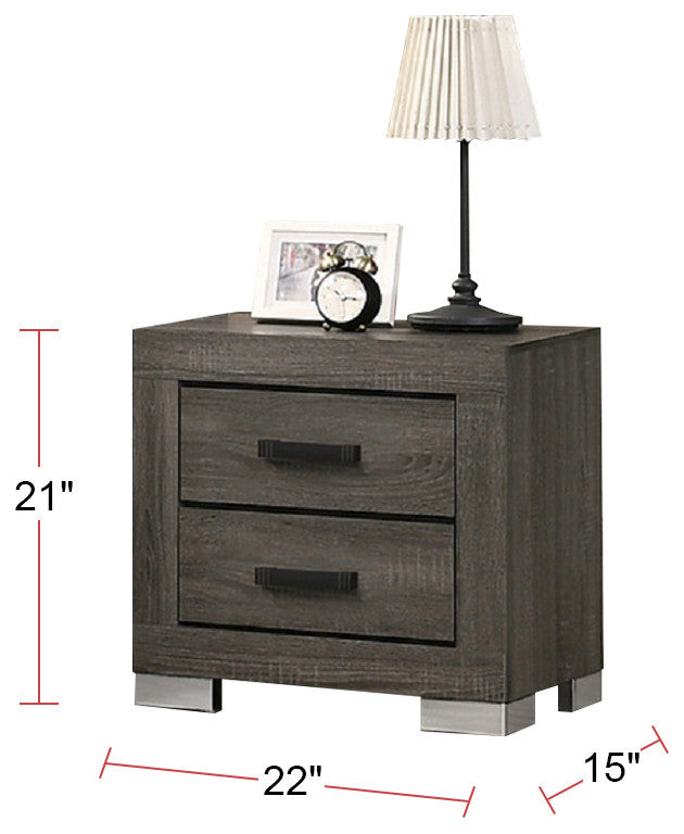 2 Drawers Wood Nightstand With Black Handles, Gray