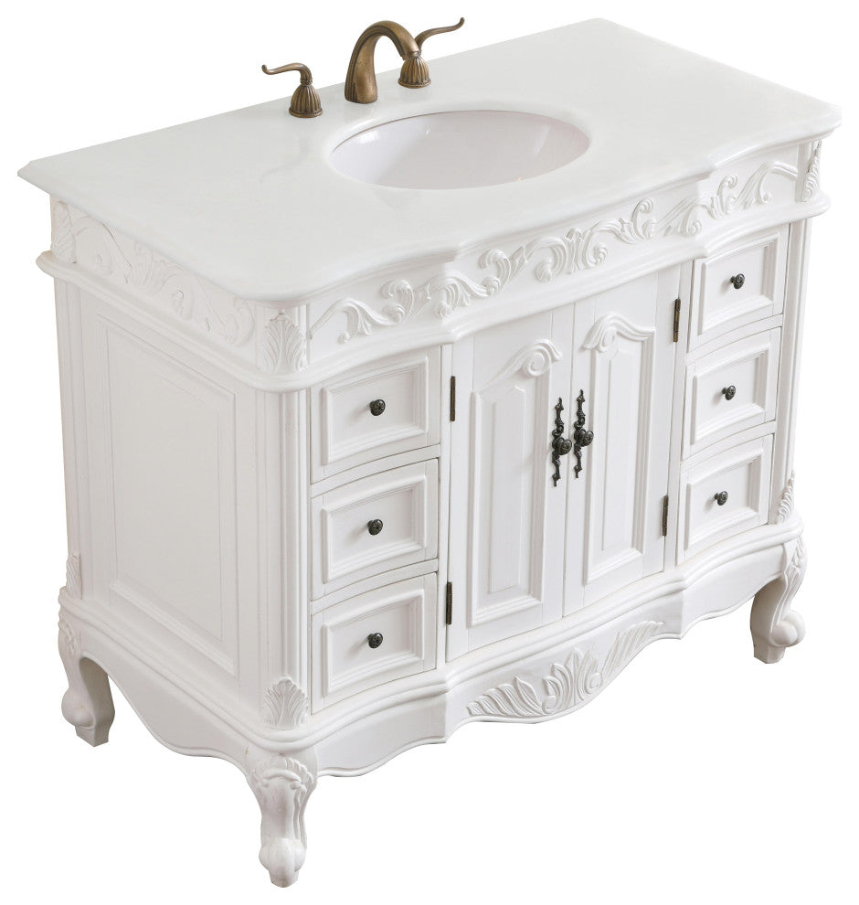 42" Single Bathroom Vanity, Antique White With Ivory White Engineered Marble
