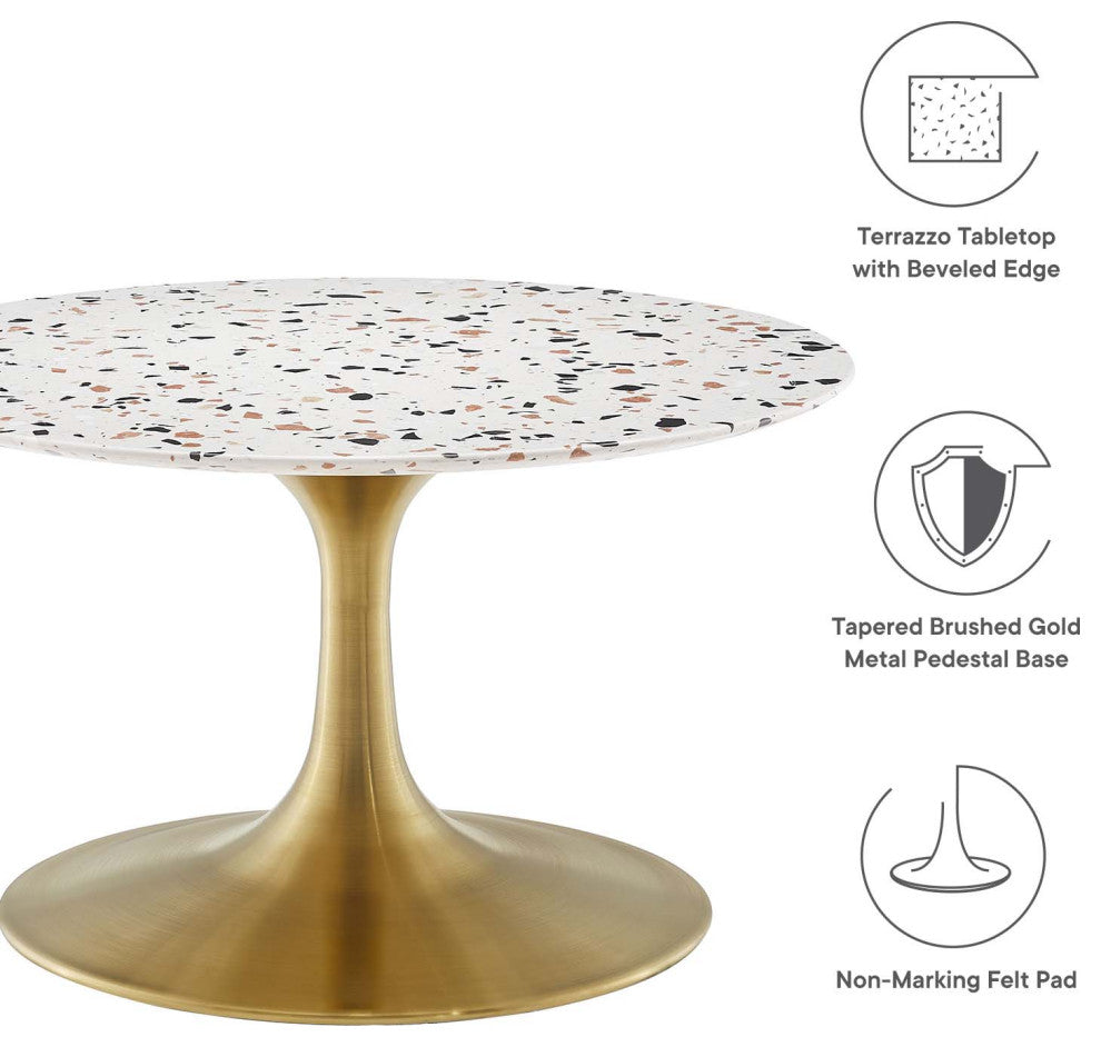 Lippa 28" Round Terrazzo Coffee Table, Gold White