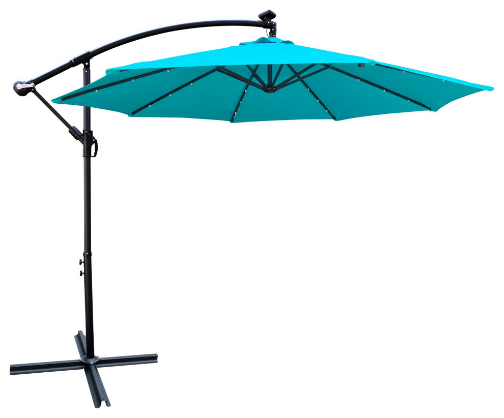 10' Steel Patio Umbrella Outdoor Market With Crank and LED Lights, Light Blue