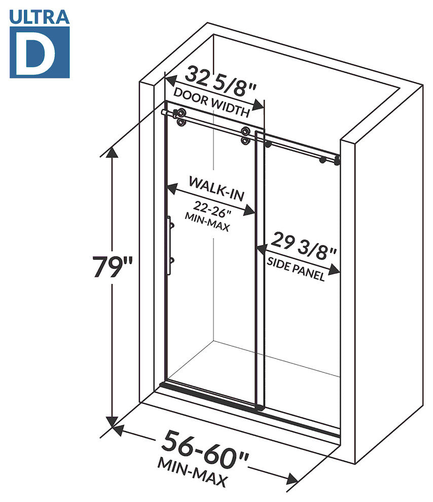 Shower Doors, Frameless, 12mm Clear Tempered Glass, ULTRA-D Collection, Brushed Nickel, 56-60"x79"