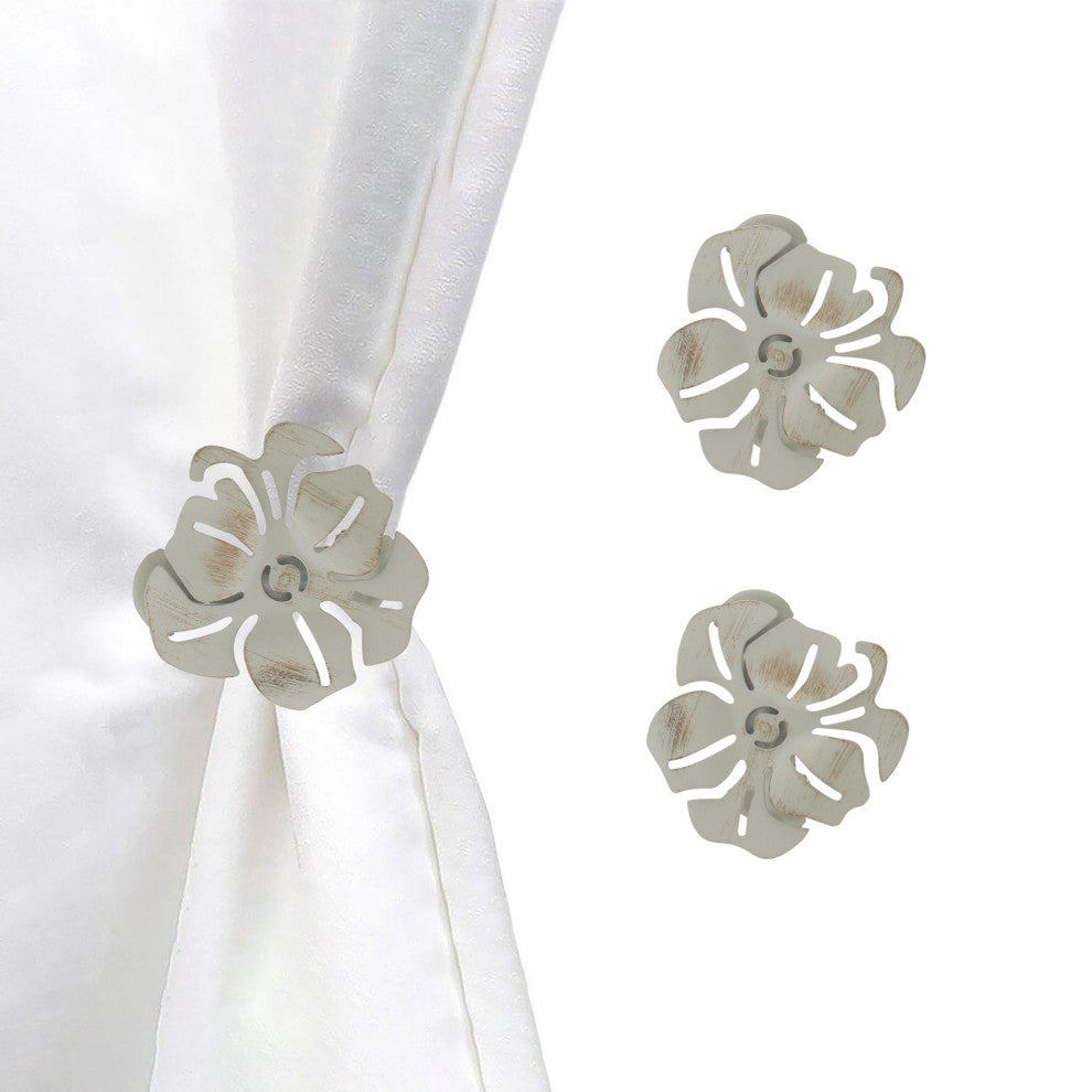 Set of 2 Metal Curtain Tiebacks "“ Elegant Poppy Flower Design Clip, Ivory