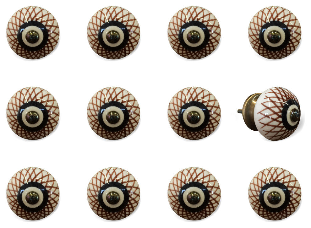 Knob-It Vintage Handpainted Ceramic Knobs, Set of 12, Cream/Brown/Navy