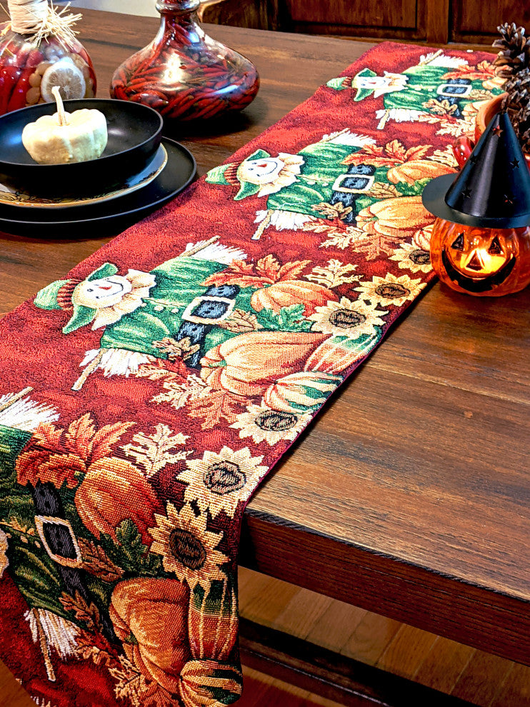 Pumpkin Patch Scarecrow Vintage Woven Tapestry Table Runners 13x90, 13x90