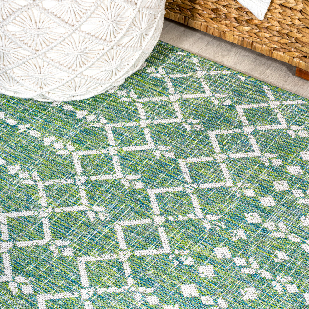 Ourika Moroccan Geometric Indoor/Outdoor Rug, Ivory/Green, 2x8