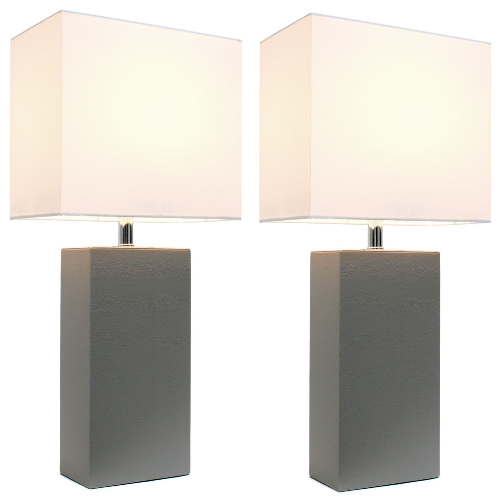 Elegant Designs 2-Pack Modern Leather Table Lamps With White Fabric Shades, Gray