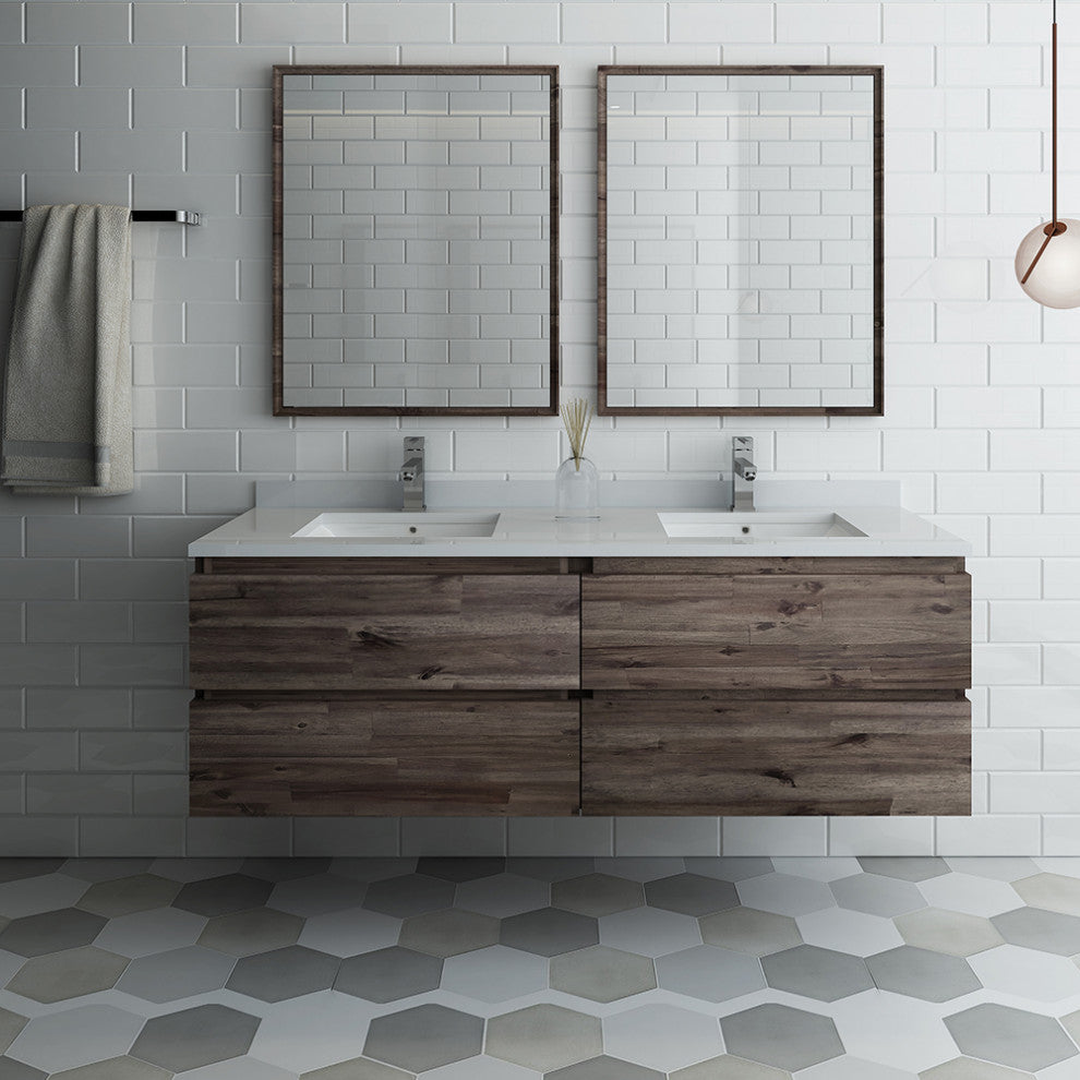Formosa Wall Hung Double Sink Modern Bathroom Vanity With Mirrors, 60"