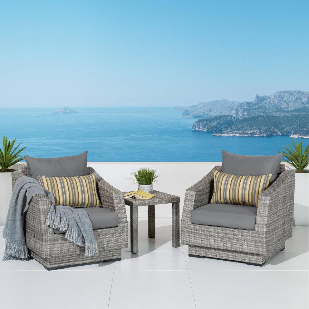 Cannes 3 Piece Sunbrella Outdoor Club Chairs and Side Table Set, Charcoal Gray