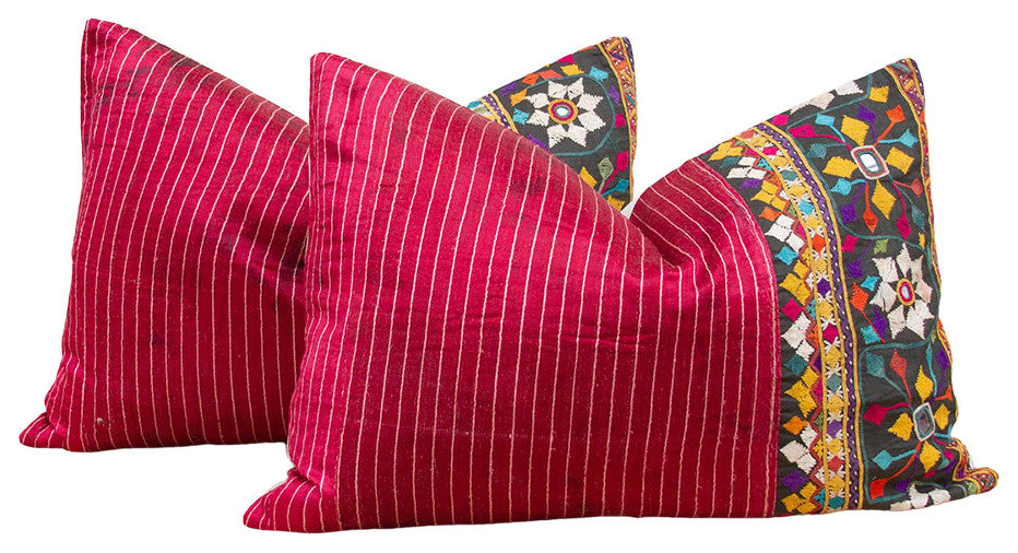 Set of Two Antique Mashru Tribal Lumbar Pillows