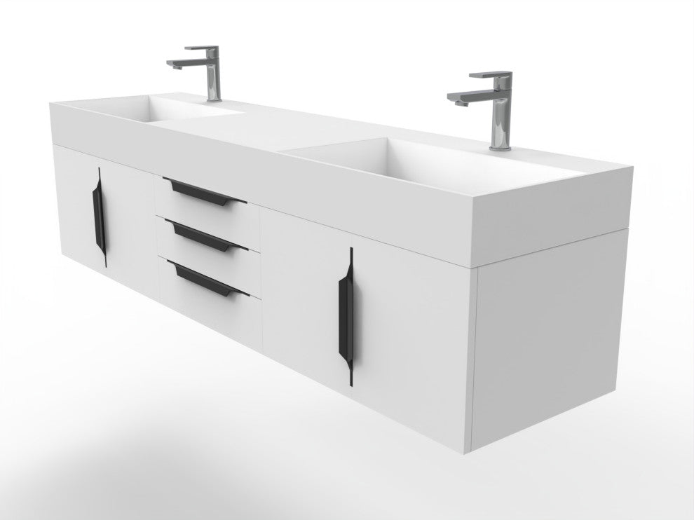 CastelloUSA Amazon 72" Wall Mounted Vanity Set, White, White Top, Black Handles