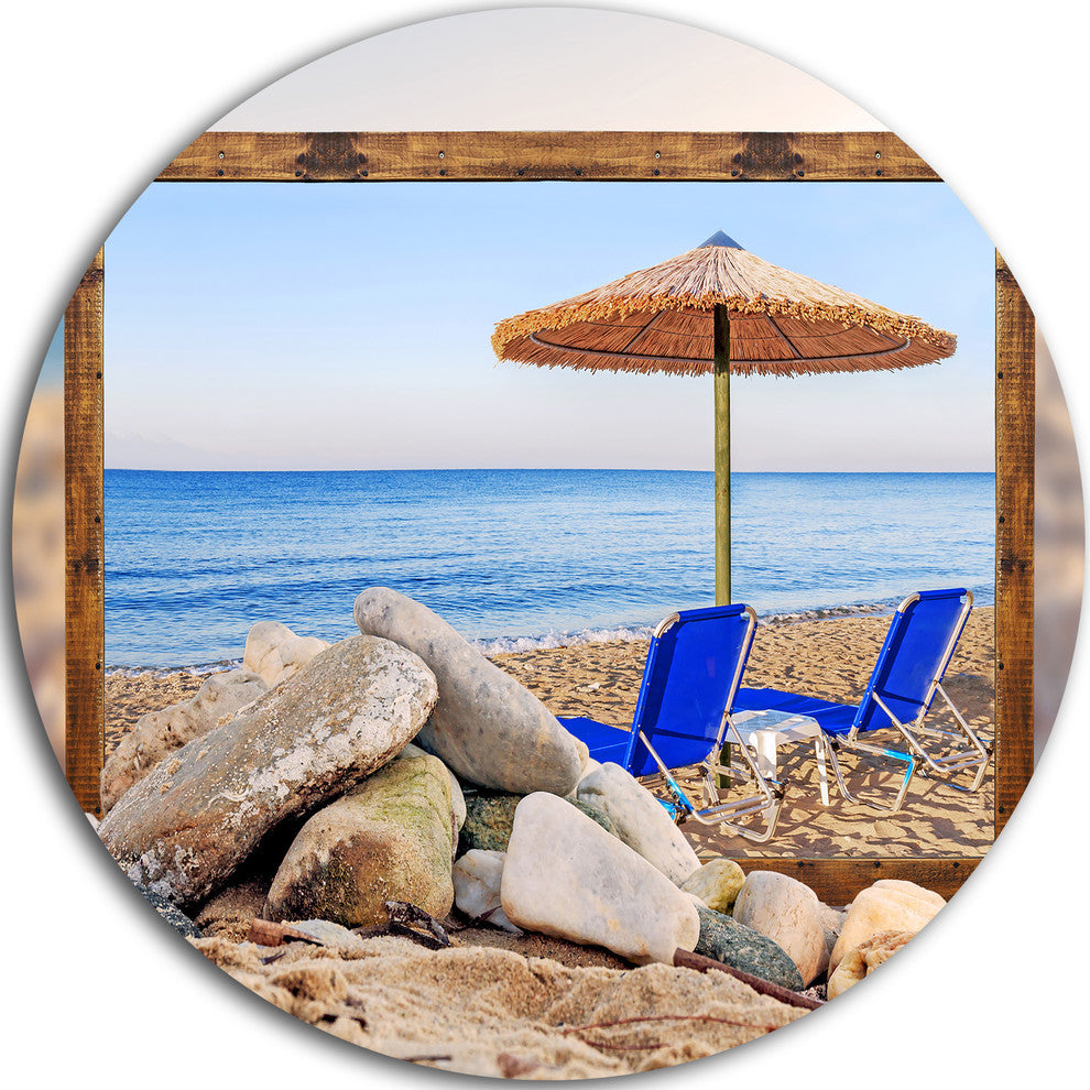 Framed Beach With Chairs, Umbrella, Seashore Round Metal Wall Art, 11"