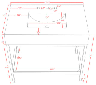 Marmo Bathroom Vanity, White, 36" Wide, Brushed Brass Finish