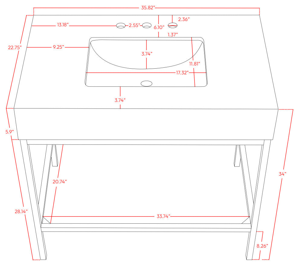 Marmo Bathroom Vanity, White, 36" Wide, Brushed Brass Finish